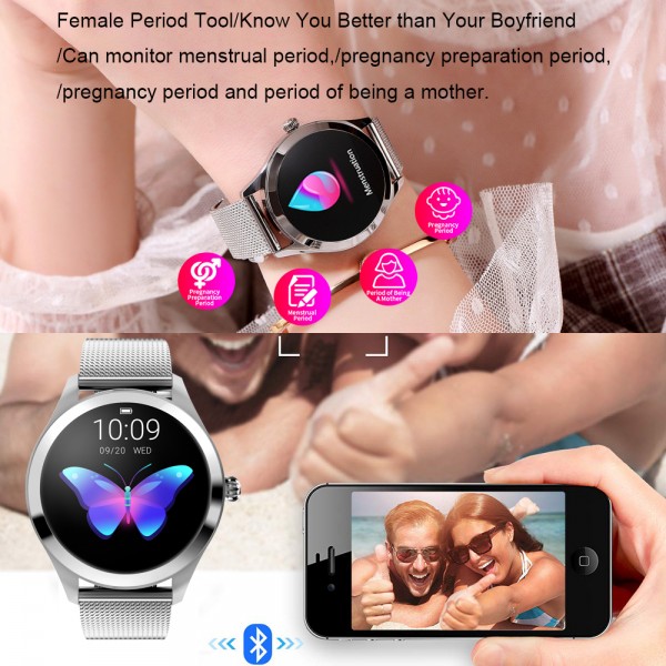 KW10 Smart Watch for Women, YOCUBY Novel/Stylish/Beautiful Smartwatch Bluetooth Fitness Tracker for Ladies with IP68 Waterproof, Female Period Tool, Heart Rate Sleep Monitor Calorie Counter Silver